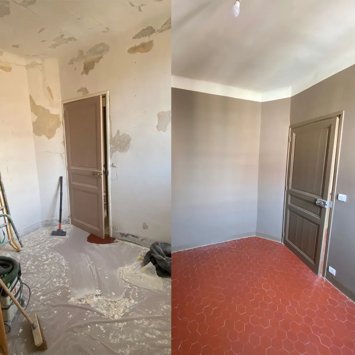 Chambre avant et après rénovation : murs abîmés puis pièce repeinte aux tomettes rouges